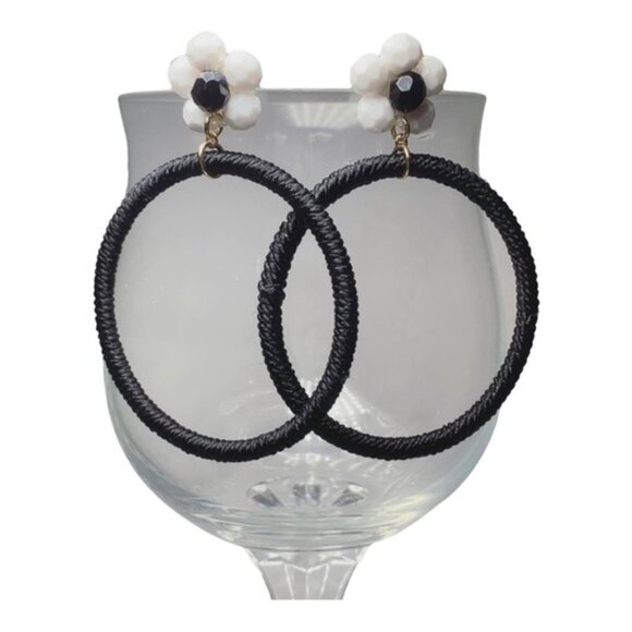 BP Black & White Floral Hoop Earrings - Picture 2 of 2